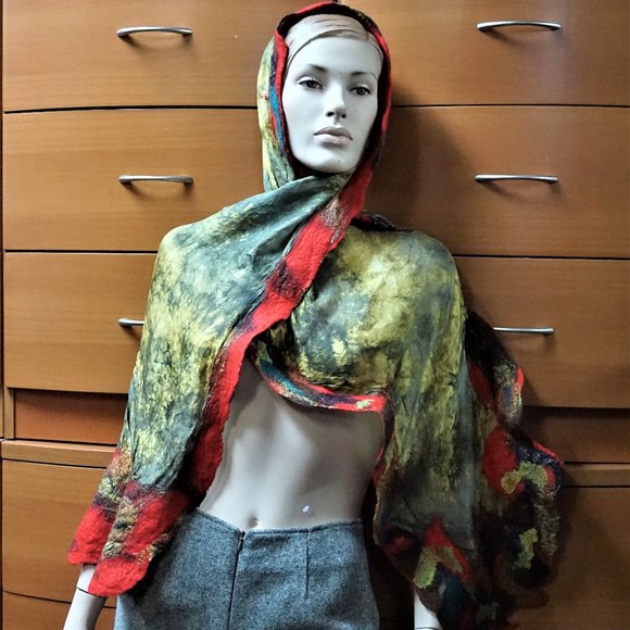 BATIK SILK FELTED WOOL TRIM HUGE SHAWL HANDMADE GIFT FOR WOMEN - Picture 15 of 16